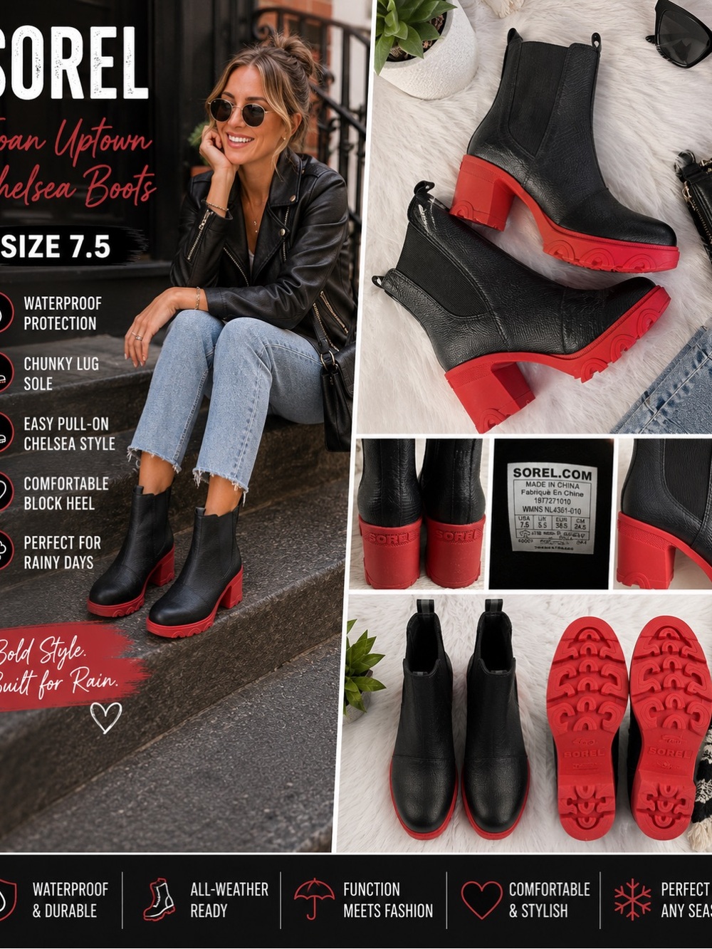 Sorel Joan Uptown Chelsea Rain Boots Black Red Waterproof Ankle Boots Size 7.5